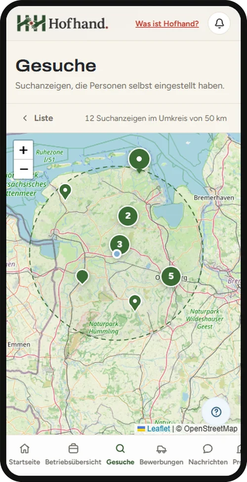 Hofhand auf dem Handy: Karte mit Suchanzeigen von Personen im Umkreis